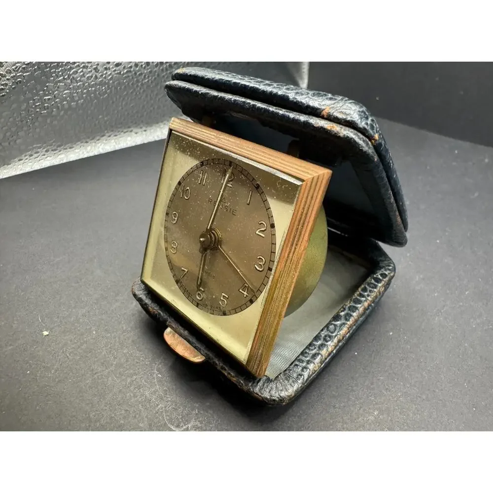 Vintage Rensie Germany Travel Alarm Clock 7 Jewels Genuine Leather Case